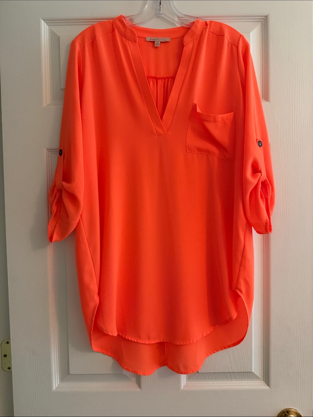 Gibson Latimer Small Neon Orange V-Neck Roll-Tab Tunic